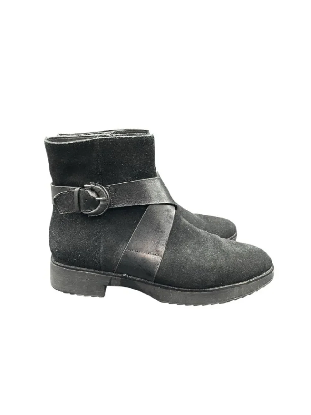 FitFlop Mona Buckle Ankle Boots Wm USA 8 EU 38 Black Suede Leather w Side-Zip